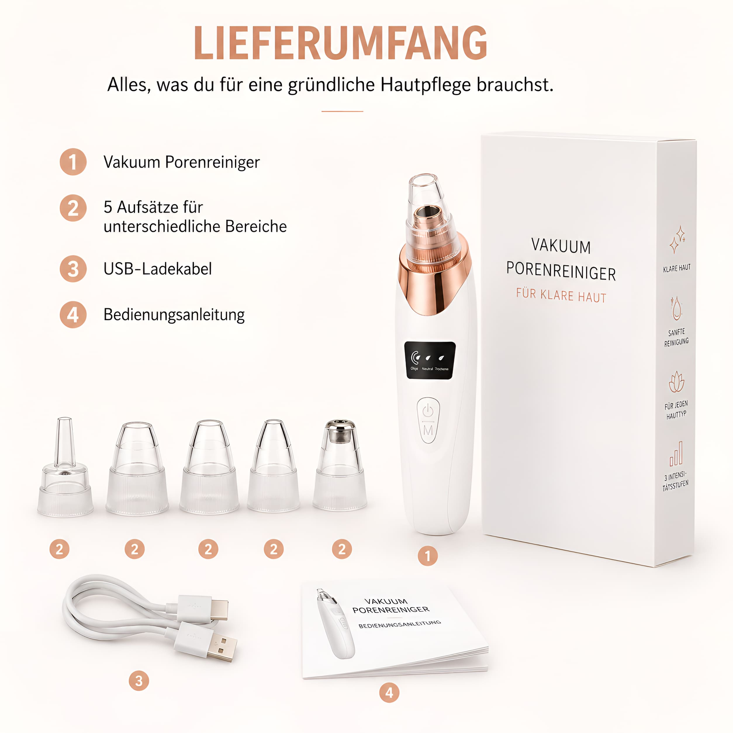 Vakuum Porenreiniger gegen Mitesser – Mit 5 Aufsätzen & 3 Stufen