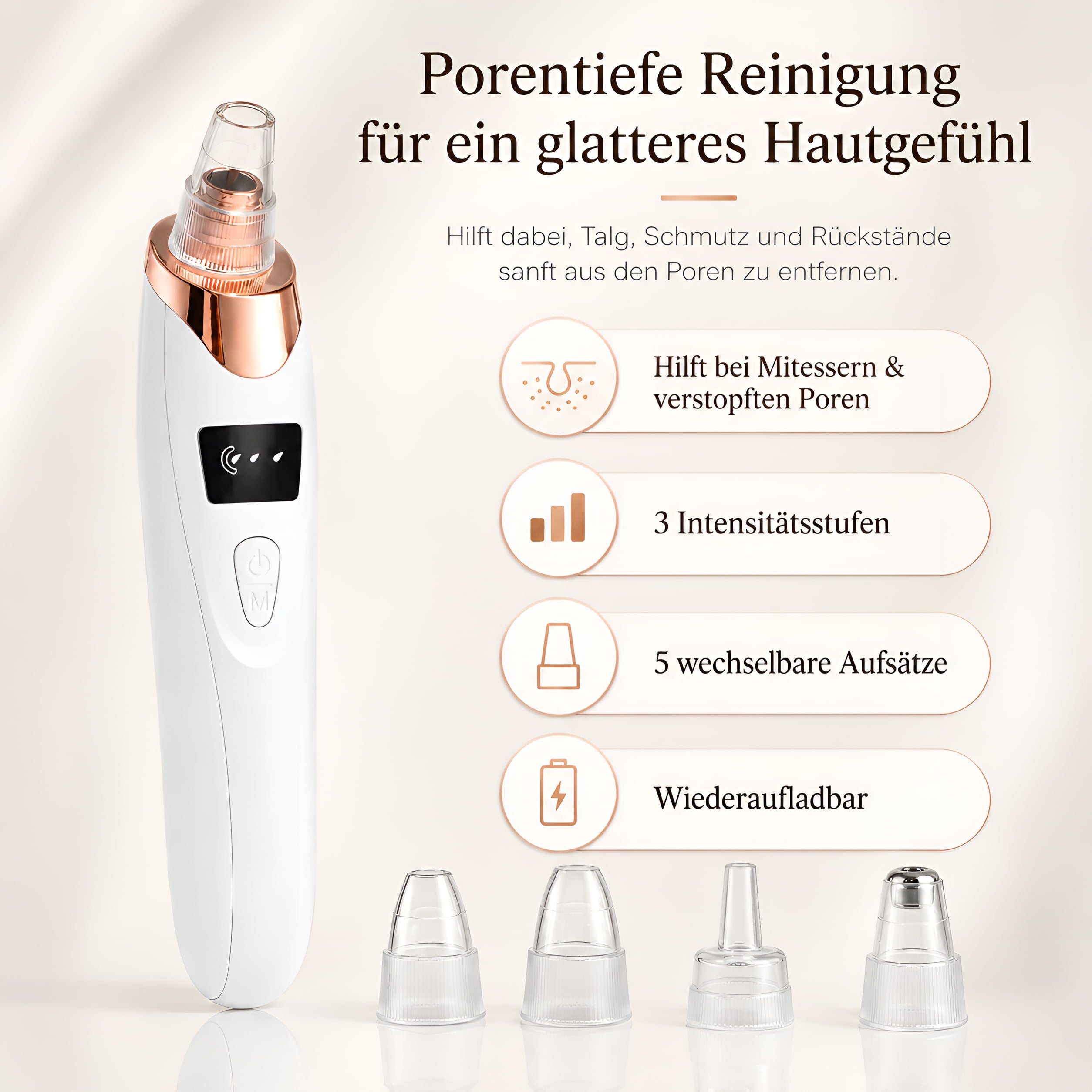 Vakuum Porenreiniger gegen Mitesser – Mit 5 Aufsätzen & 3 Stufen