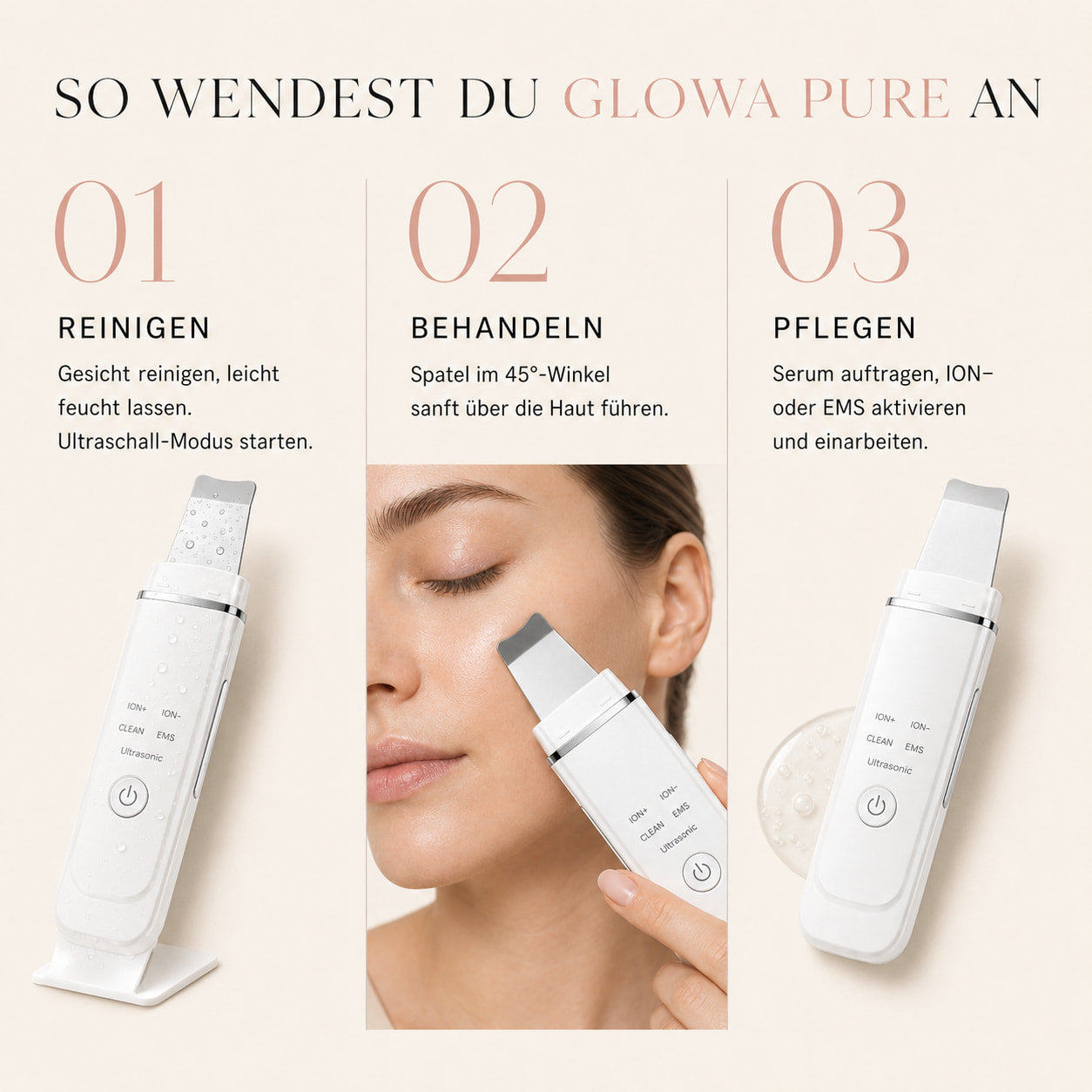GLOWA Pure – 4-in-1 Ultraschall Gesichtsreiniger mit EMS Lifting & LED-Lichttherapie