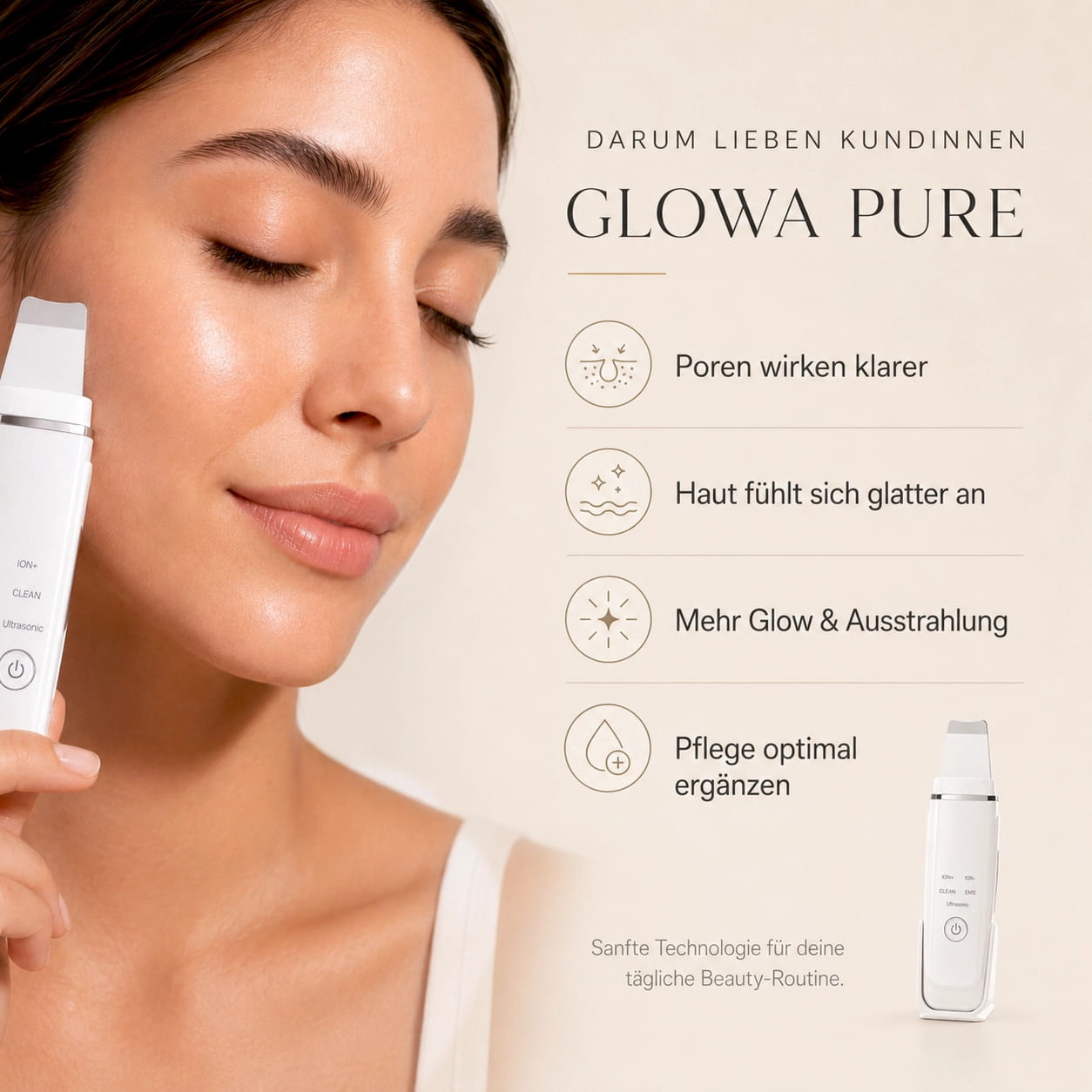 GLOWA Pure – 4-in-1 Ultraschall Gesichtsreiniger mit EMS Lifting & LED-Lichttherapie