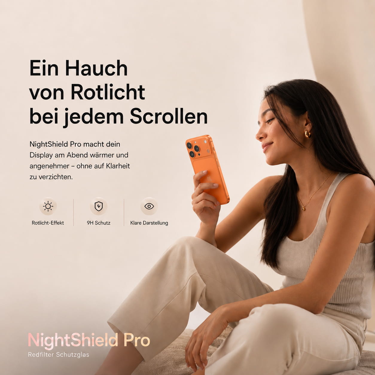NightShield Pro – Rotlicht-Filter Panzerglas (Blaulicht-Reduktion) für iPhone 15/16/17