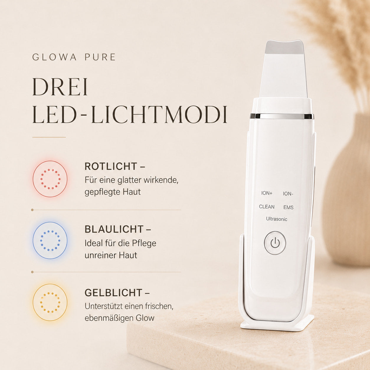 GLOWA Pure – 4-in-1 Ultraschall Gesichtsreiniger mit EMS Lifting & LED-Lichttherapie