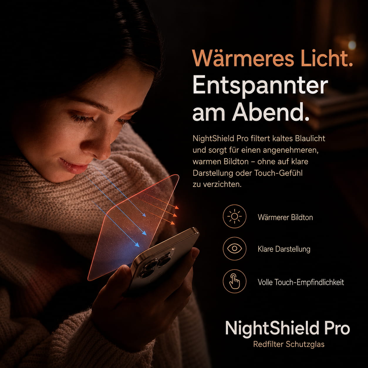NightShield Pro – Rotlicht-Filter Panzerglas (Blaulicht-Reduktion) für iPhone 15/16/17
